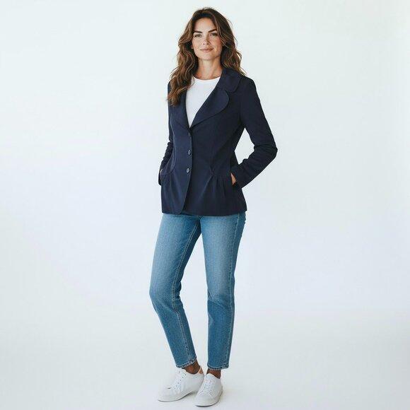 Etcetera Peplum Jacket Navy Blue Round Neck with Button Closure Women's Size 4 - Picture 2 of 7